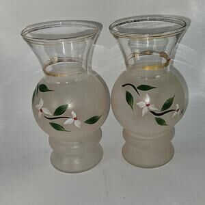 Pair Vintage 6" Frosted Glass Vases Hand Painted White Flowers Green Leaves Gold